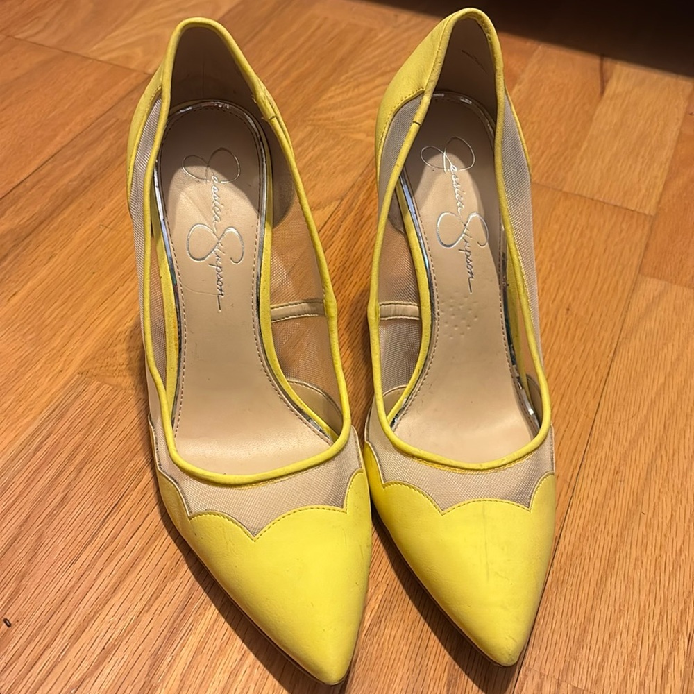 Jessica Simpson yellow mesh-side heels